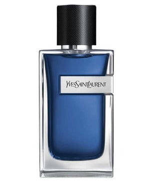 Blue Yves Saint Laurent perfume bottle on a white background