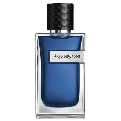 Blue Yves Saint Laurent perfume bottle on a white background