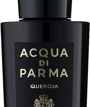 Black Acqua di Parma Quercia perfume bottle on a white background