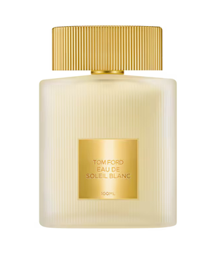 Tom Ford Eau de Soleil Blanc perfume bottle with gold cap and label on a white background