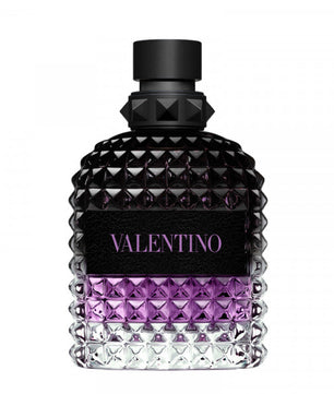 Valentino perfume bottle with black and purple design on a white background