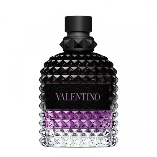 Valentino perfume bottle with black and purple design on a white background