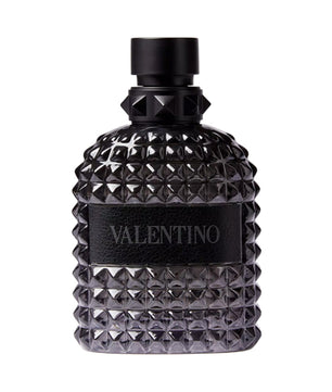 Black textured perfume bottle with 'Valentino' branding on a white background