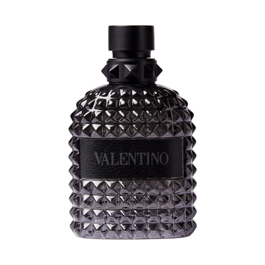 Black textured perfume bottle with 'Valentino' branding on a white background