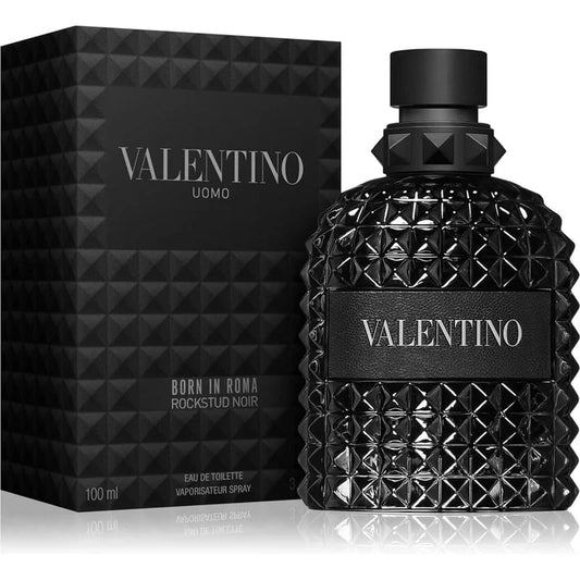 Valentino Uomo Born in Roma Rockstud Noir perfume bottle and packaging on a white background