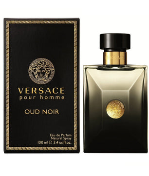 Versace Oud Noir perfume bottle and packaging on a white background