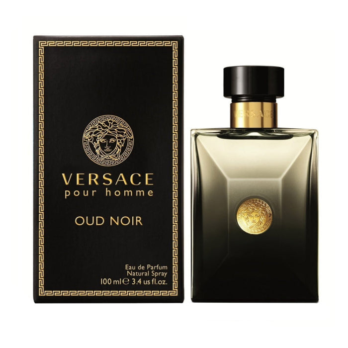 Versace Oud Noir perfume bottle and packaging on a white background