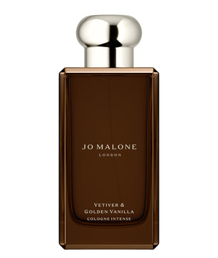 Jo Malone cologne bottle with brown label and silver cap on white background