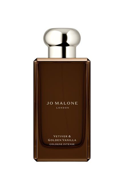 Jo Malone cologne bottle with brown label and silver cap on white background