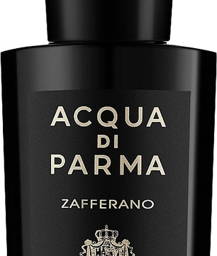 Black Acqua di Parma Zafferano perfume bottle on a white background