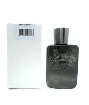 Black perfume bottle with packaging on a white background