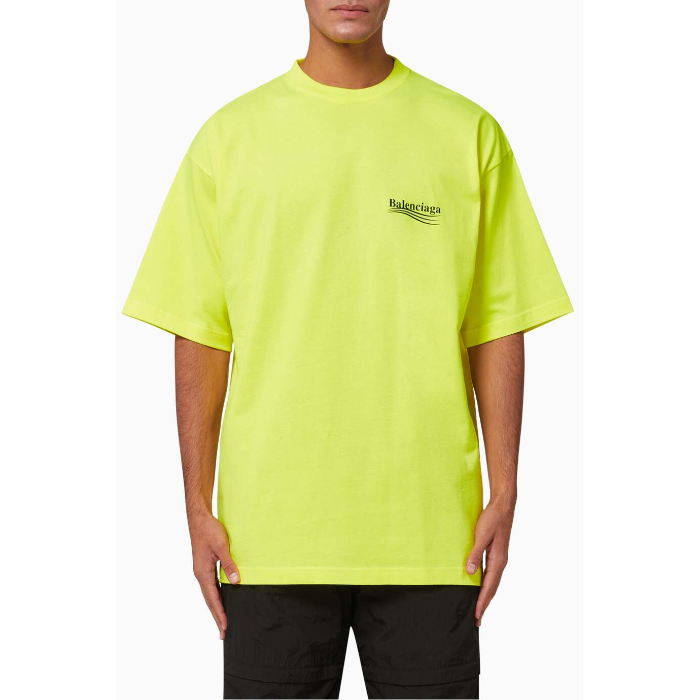 Balenciaga Political Campaign Large Fit T-Shirt in Vintage Jersey in Fluorescent Yellow