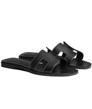 Hermes Oran Sandal Noir Piqures Ecrues