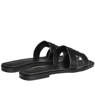 Hermes Oran Sandal Noir Piqures Ecrues
