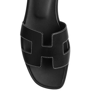 Hermes Oran Sandal Noir Piqures Ecrues